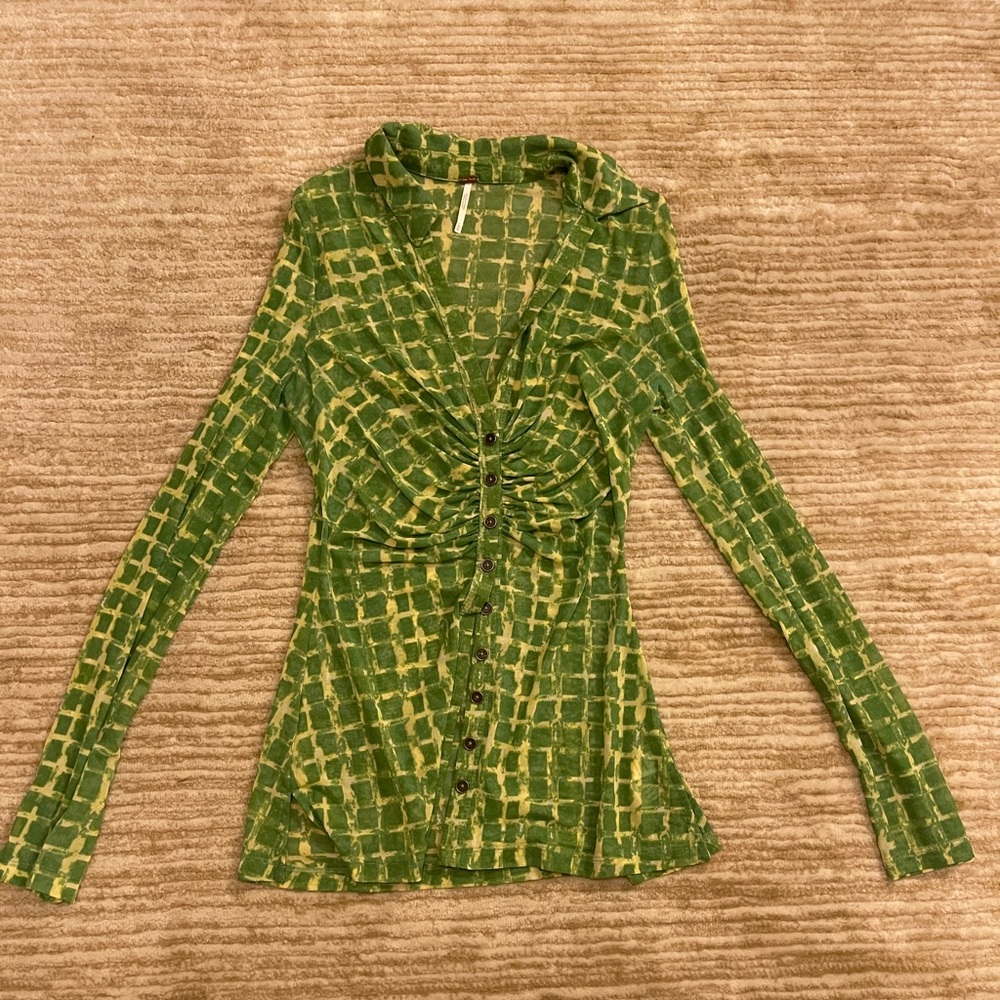 Free People Green Grid Ruched Button-Up Top - Picture 4 of 7